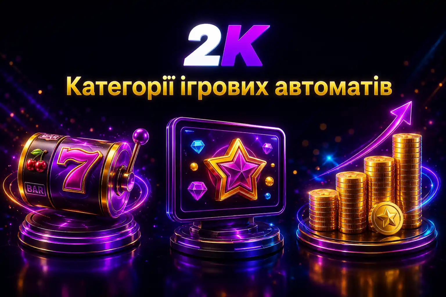 Три іконки категорій ігрових автоматів — класичні слоти, відеослоти, джекпот-слоти 2K Casino